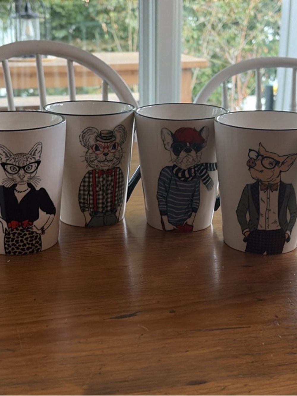 Stylish White Ceramic Mug with Black Rim and Hipster Animal Design